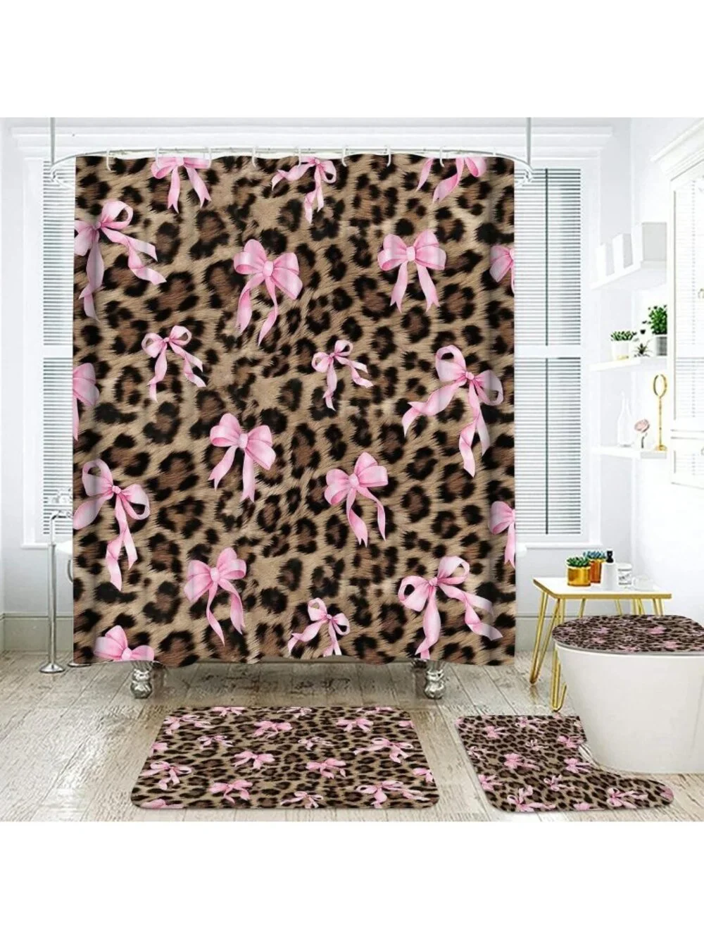 Leopard Cheetah Shower Curtain Set with Rugs, Waterproof Animal Print, 12 Hooks